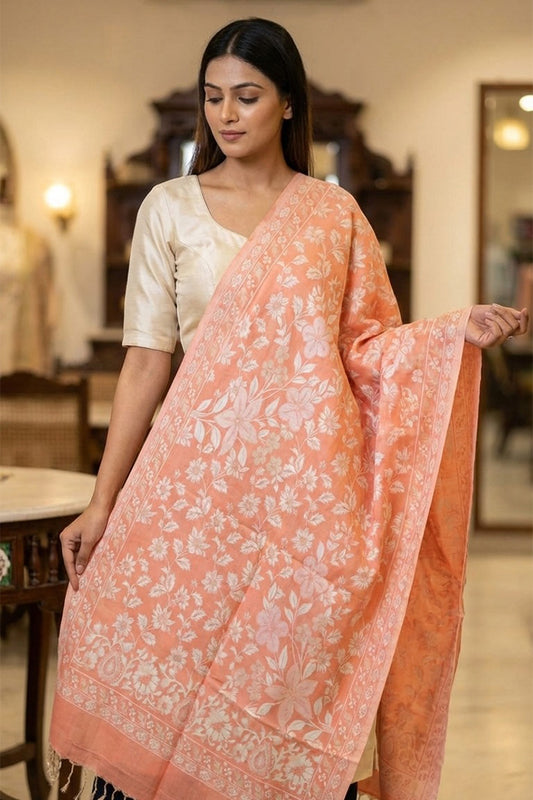 Peach Reversible Stole – Luxurious Hand-Embroidered Threads of Tradition
