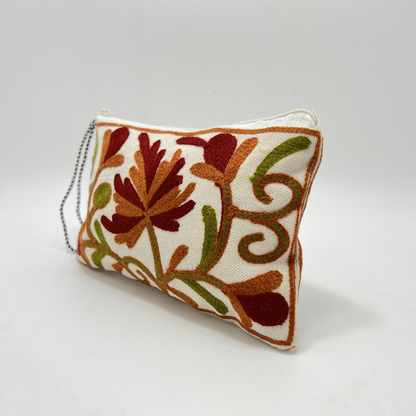 Kashmiri Hand Embroidered Zip Pouch White & Maroon-Green