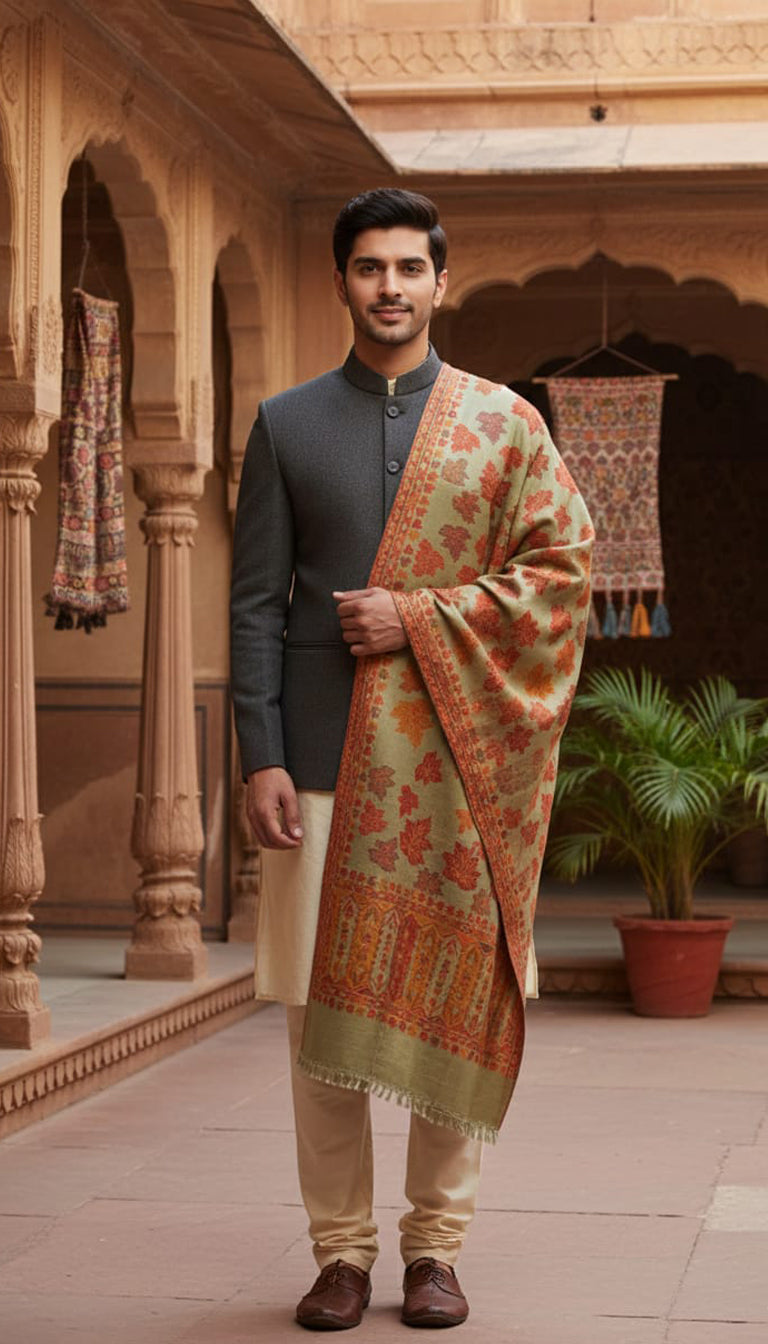 Pista Green Chinar Shawl – Elegant Kashmiri Hand-Embroidered Wrap