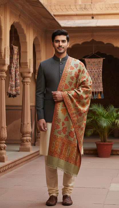 Pista Green Chinar Shawl – Elegant Kashmiri Hand-Embroidered Wrap