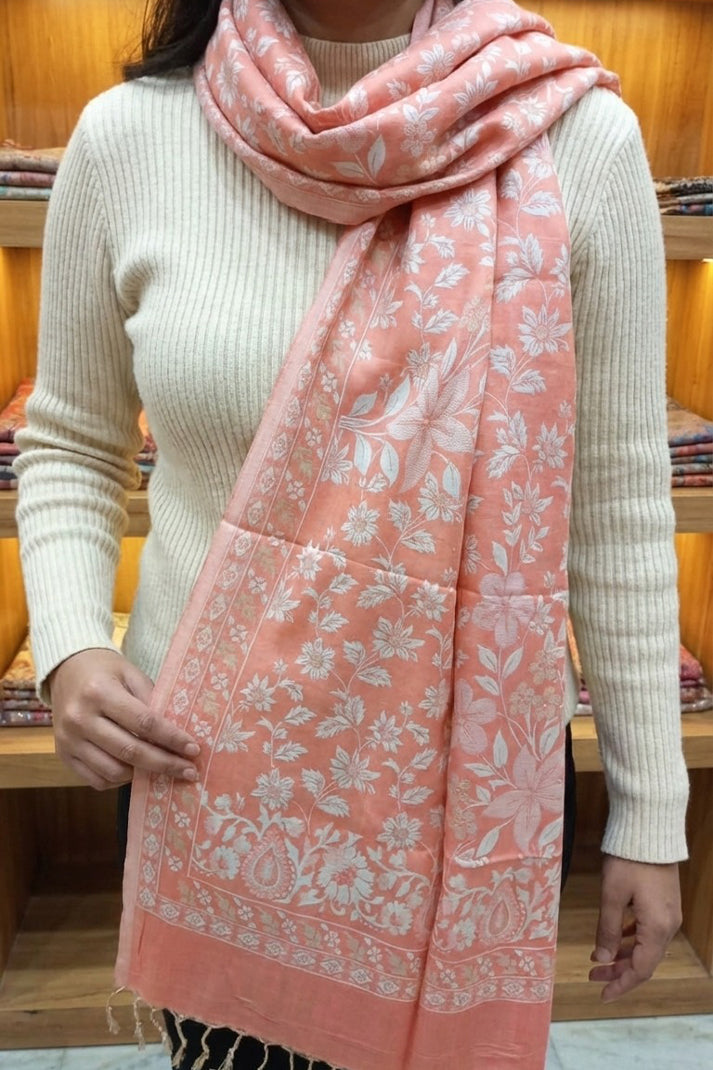 Peach Reversible Stole – Luxurious Hand-Embroidered Threads of Tradition