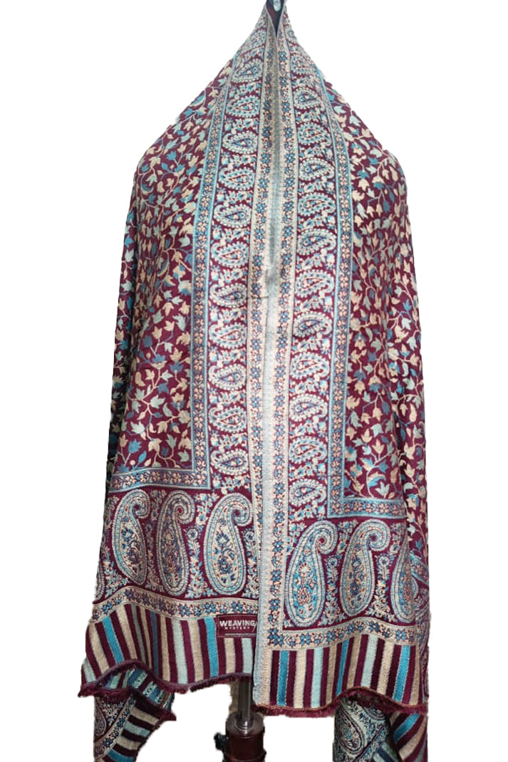 Handwoven Sky Maroon Kani Shawl – Premium Kashmiri Wool Wrap