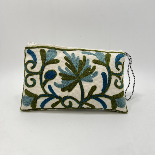 Kashmiri Hand Embroidered Zip Pouch White & Blue-Green