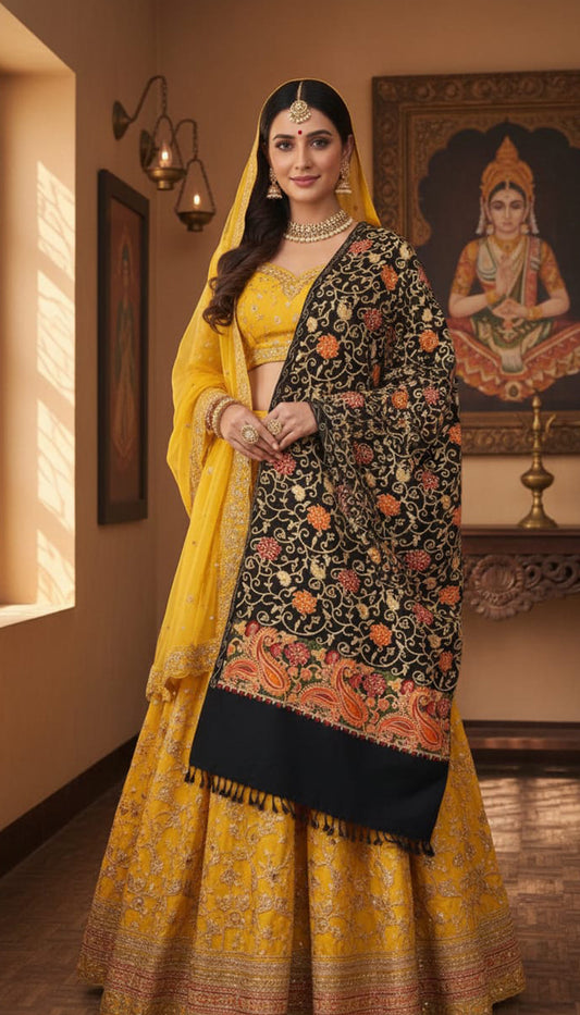 Black Aari Stole – Hand-Embroidered Kashmiri Piece | 1 piece Available