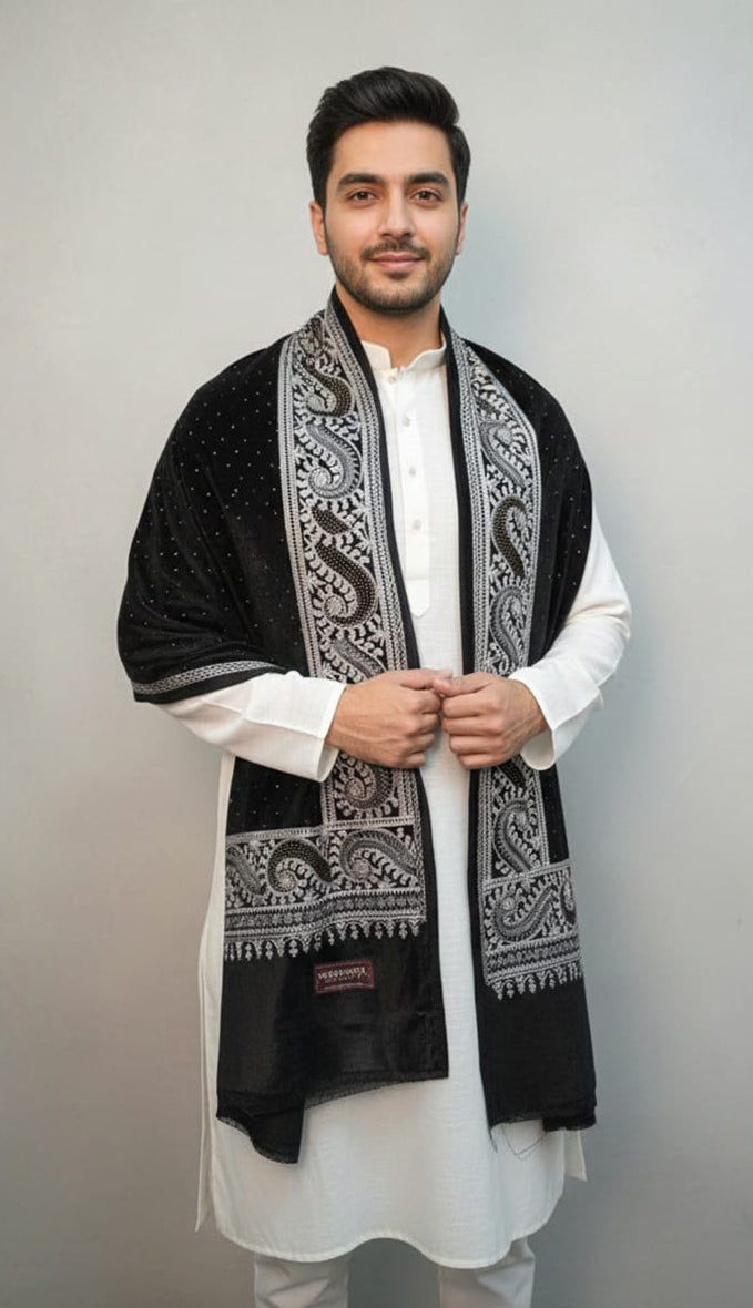 Black Velvet Stole – Handcrafted Silk Thread Embroidery with Swarovski Accents