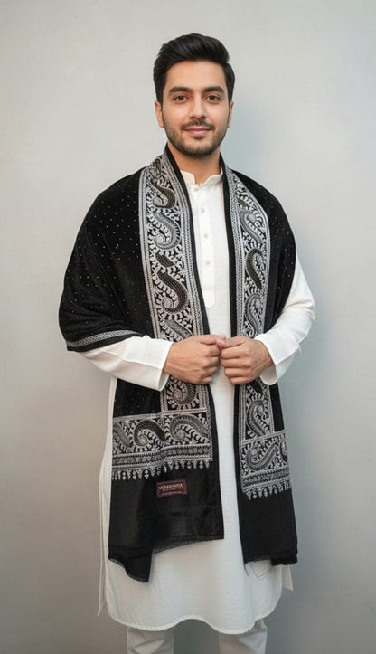 Black Velvet Stole – Handcrafted Silk Thread Embroidery with Swarovski Accents