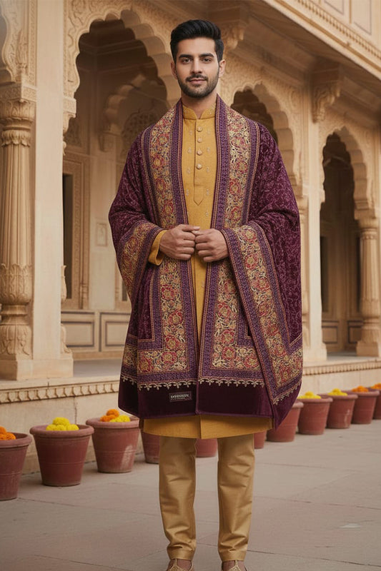 Wine Velvet Wedding Stole – Handcrafted Silk Thread Embroidery with Swarovski Accents