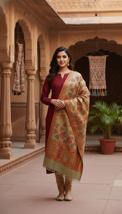 Pista Green Chinar Shawl – Elegant Kashmiri Hand-Embroidered Wrap
