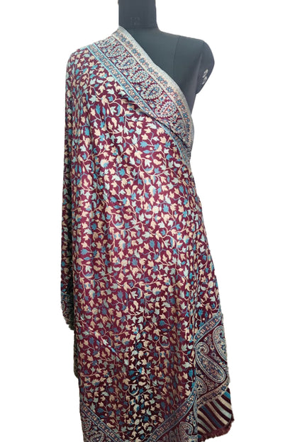 Handwoven Sky Maroon Kani Shawl – Premium Kashmiri Wool Wrap