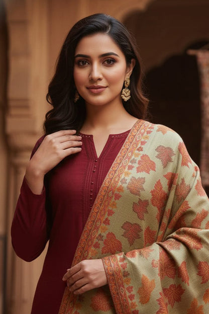 Pista Green Chinar Shawl – Elegant Kashmiri Hand-Embroidered Wrap