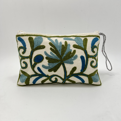Kashmiri Hand Embroidered Zip Pouch White & Blue-Green