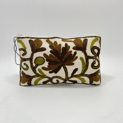 Kashmiri Hand Embroidered Zip Pouch White & Brown-Green