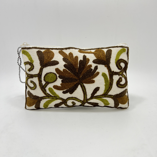 Kashmiri Hand Embroidered Zip Pouch White & Brown-Green