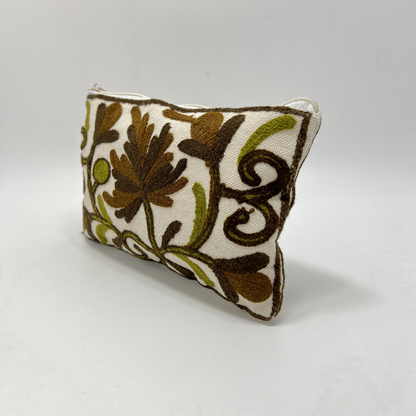 Kashmiri Hand Embroidered Zip Pouch White & Brown-Green