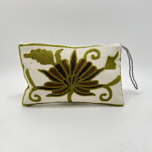 Kashmiri Hand Embroidered Zip Pouch White & Parrot Green-Brown