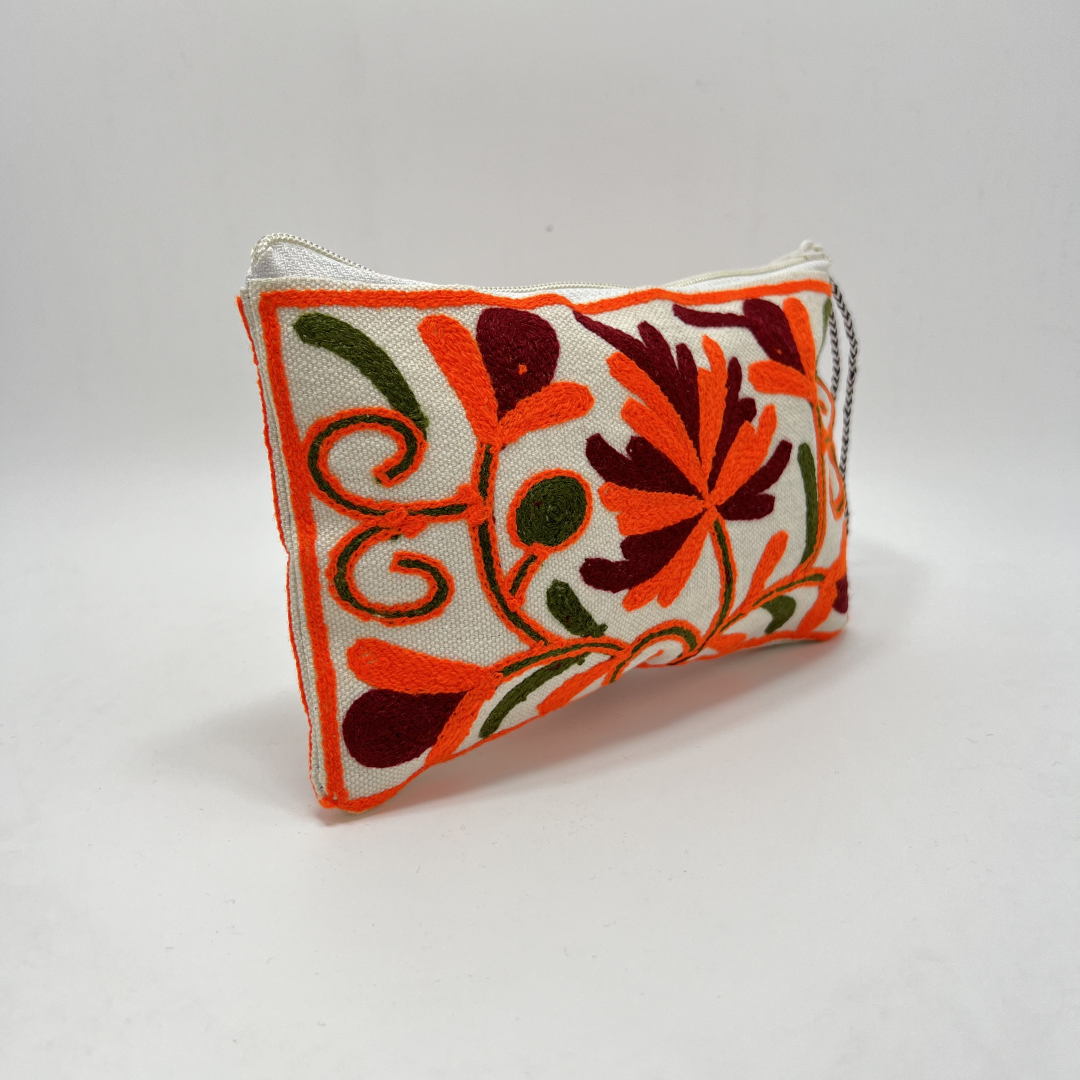 Kashmiri Hand Embroidered Zip Pouch White & Peach-Brown