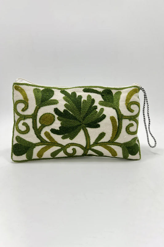 Kashmiri Hand Embroidered Zip Pouch White & Light Green-Dark Green