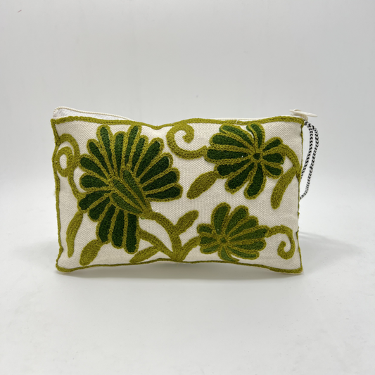 Kashmiri Hand Embroidered Zip Pouch White & Dark Green-Light Green