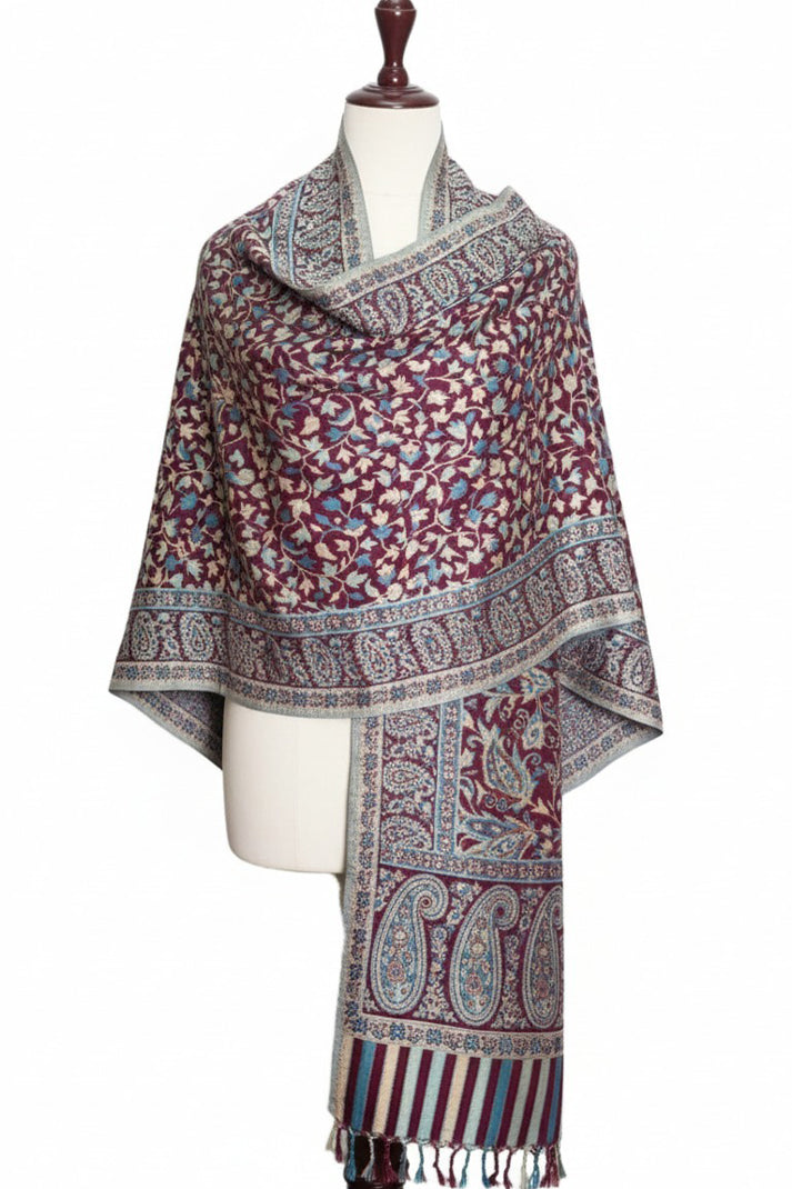 Handwoven Sky Maroon Kani Shawl – Premium Kashmiri Wool Wrap