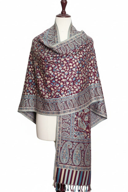 Handwoven Sky Maroon Kani Shawl – Premium Kashmiri Wool Wrap