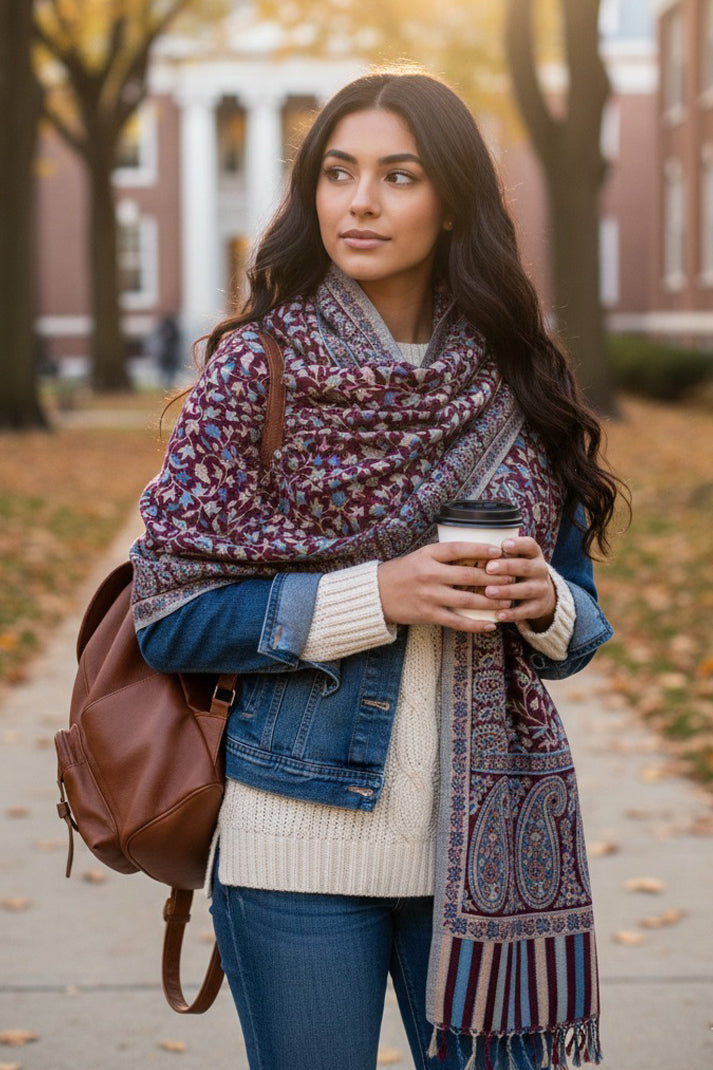 Handwoven Sky Maroon Kani Shawl – Premium Kashmiri Wool Wrap