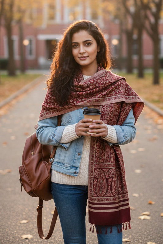 Red & Maroon Kani Shawl – Hand-Woven Kashmiri Elegance