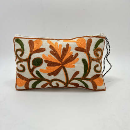 Kashmiri Hand Embroidered Zip Pouch White & Mustard-Brown-Green