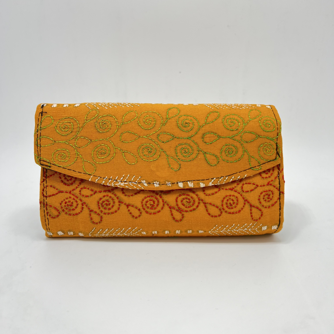 Exclusive Kantha Stich Hand Embroidered Mustard Clutch Bag from Kolkata