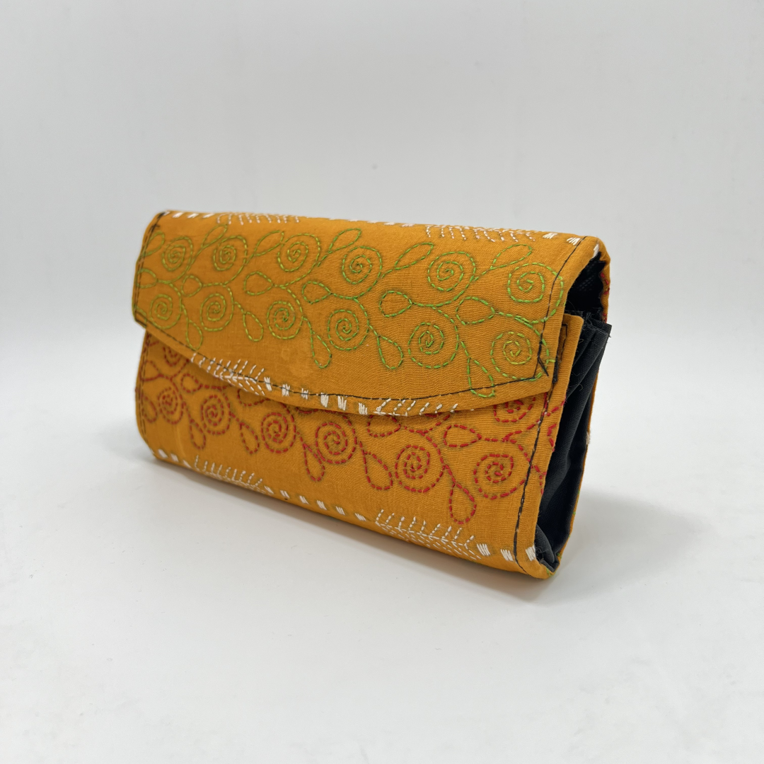 Exclusive Kantha Stich Hand Embroidered Mustard Clutch Bag from Kolkata