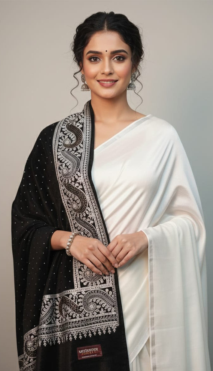 Black Velvet Stole – Handcrafted Silk Thread Embroidery with Swarovski Accents