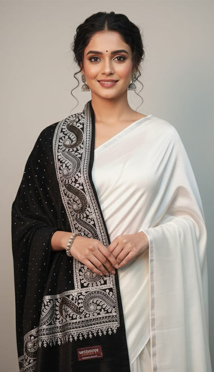 Black Velvet Stole – Handcrafted Silk Thread Embroidery with Swarovski Accents