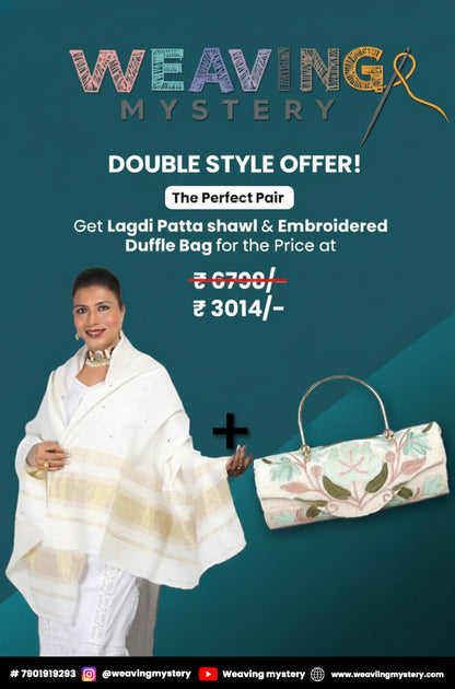 White Lagdi Patta Shawl & Duffle Bag Combo – Lohri Special Offer