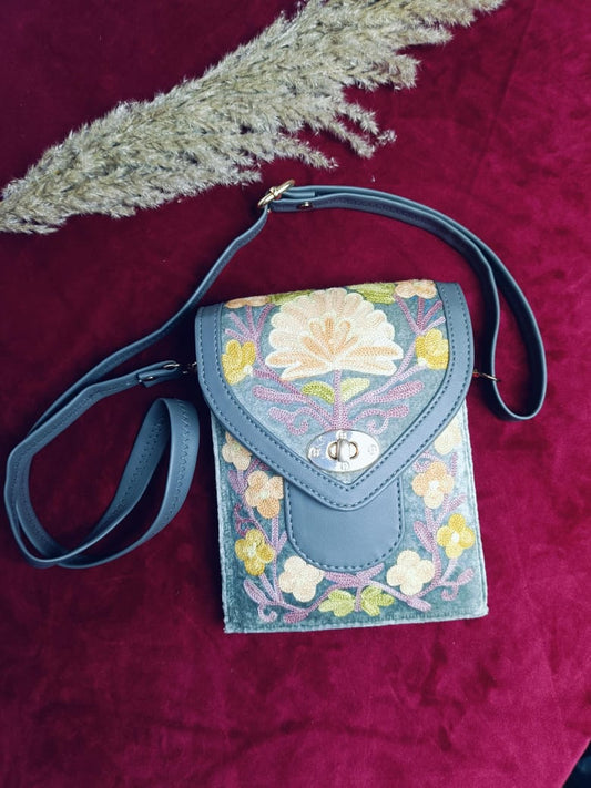 Hand Embroidered Chirpy Bloom Mobile cum Wallet Sling