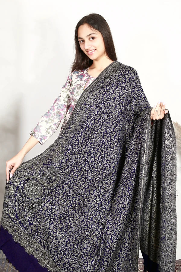 Navy Blue & Maroon Zari Pashmina Shawl Combo | Hand-Woven Winter Collection