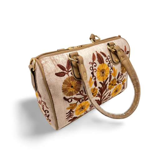 Embroidered Blossom Hand Bag: Floral Elegance in Stitch Cream Yellow Handbag