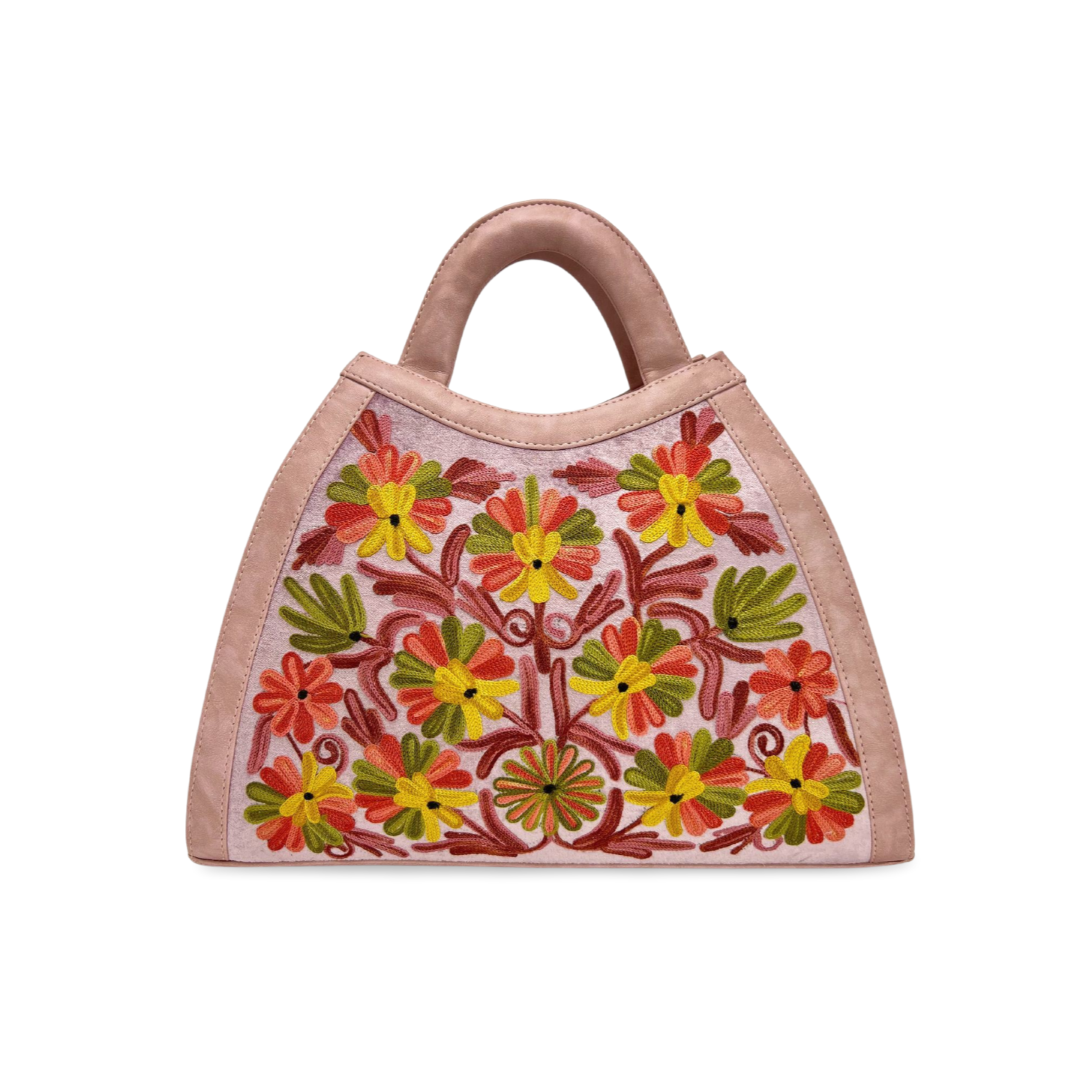 Celestial Chic Hand Bag: Floral Stitched in Style Light Pink Yellow Handbag