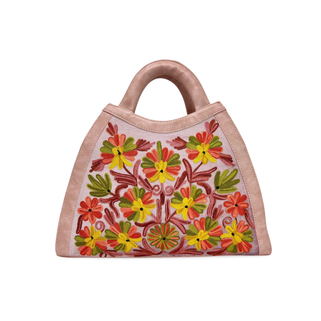 Celestial Chic Hand Bag: Floral Stitched in Style Light Pink Yellow Handbag