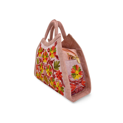 Celestial Chic Hand Bag: Floral Stitched in Style Light Pink Yellow Handbag