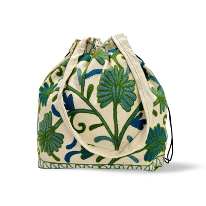 Bohemian Blossom Embroidered Tote Bag: Floral Delights Handcrafted White Sea Blue Handbag