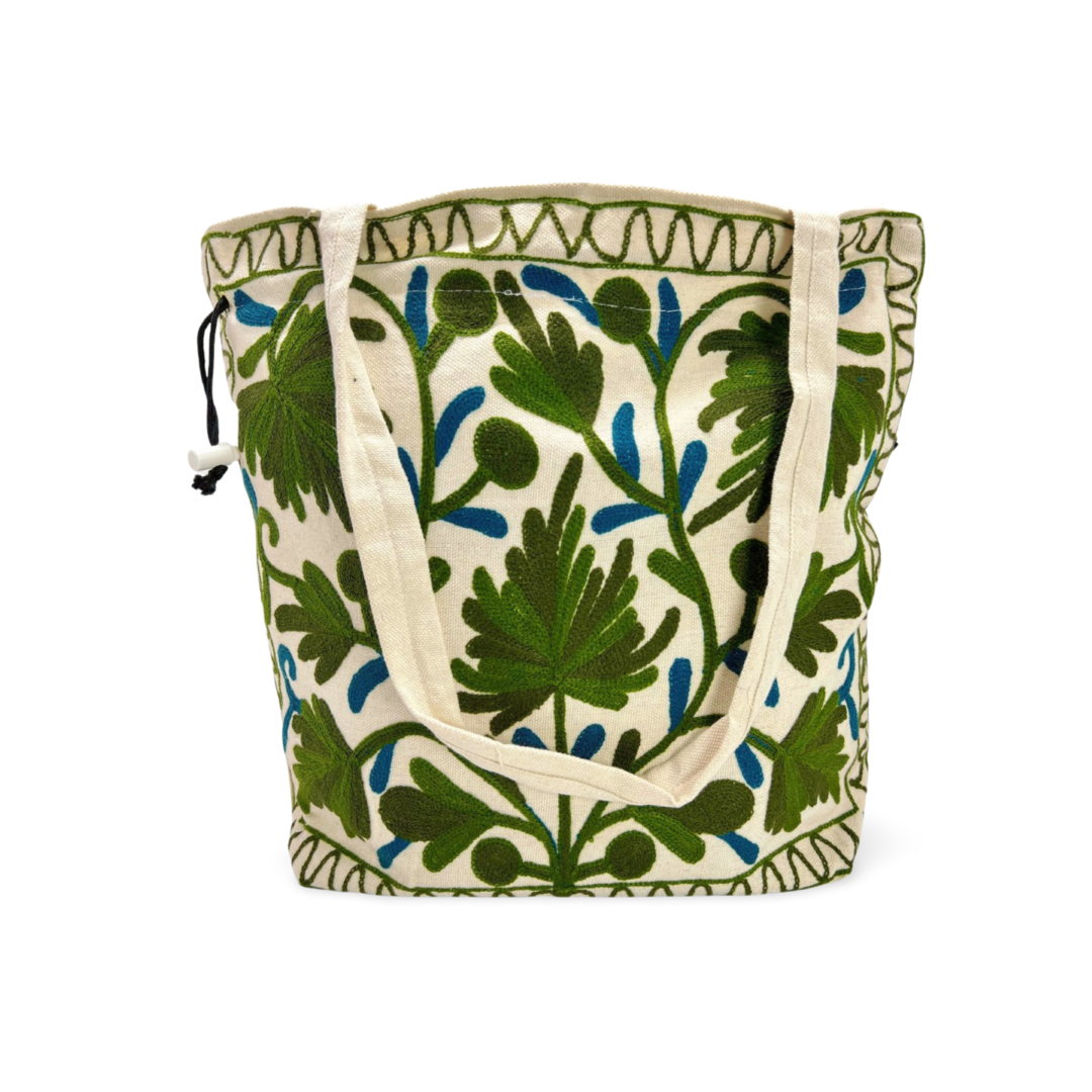 Embroidered Patchwork Hand Bag: Artisan Quilted Design White Green Tote