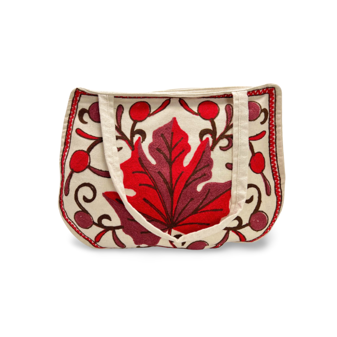 Bespoke Boho Embroidery Tote Bag: Handcrafted Artistry Defined White Red Handbag
