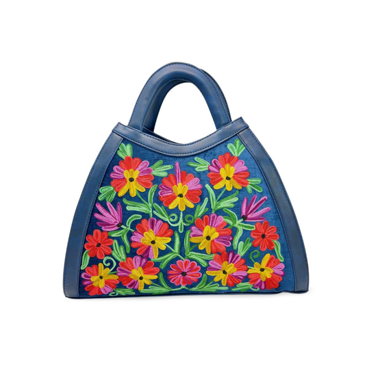 Enchanted Garden Hand Bag: Nature's Beauty Embroidered Blue Red Yellow Handbag