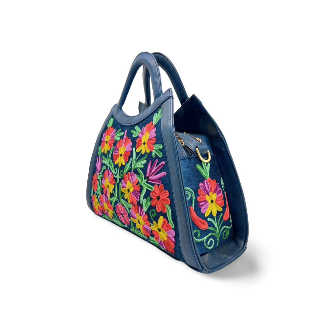 Enchanted Garden Hand Bag: Nature's Beauty Embroidered Blue Red Yellow Handbag