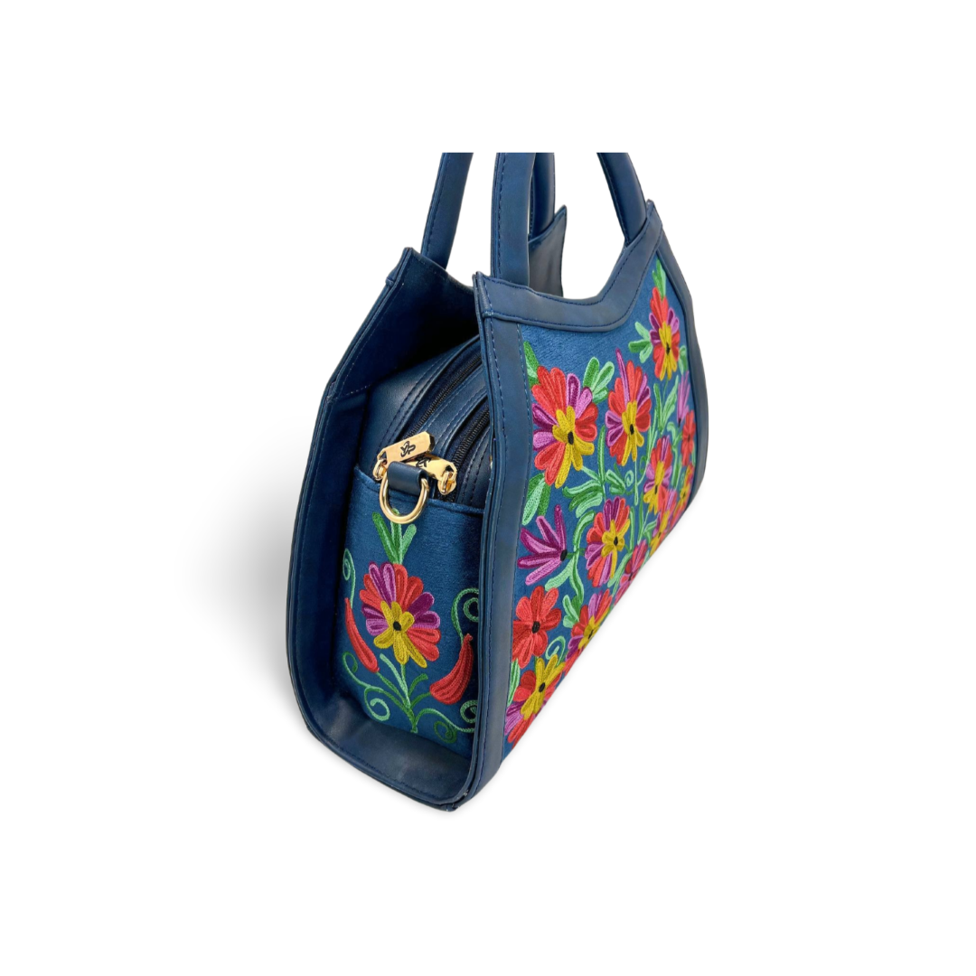 Enchanted Garden Hand Bag: Nature's Beauty Embroidered Blue Red Yellow Handbag
