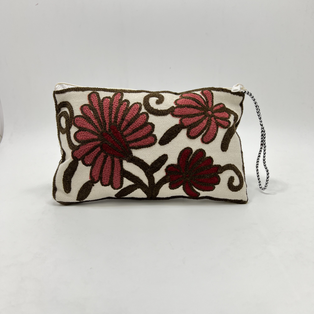 Kashmiri Hand Embroidered Zip Pouch White & Maroon-Brown
