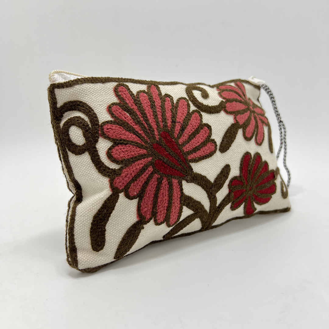 Kashmiri Hand Embroidered Zip Pouch White & Maroon-Brown