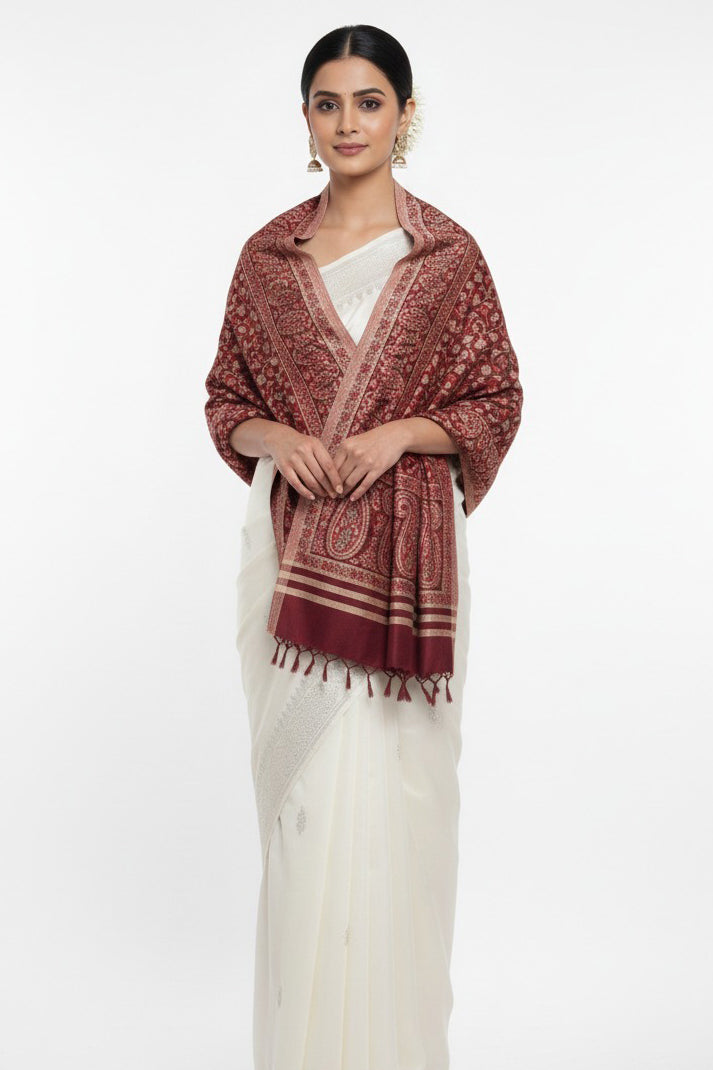 Red & Maroon Kani Shawl – Hand-Woven Kashmiri Elegance