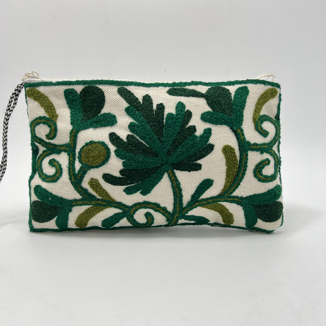 Kashmiri Hand Embroidered Zip Pouch White & Mehandi Green-Light Green