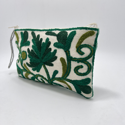 Kashmiri Hand Embroidered Zip Pouch White & Mehandi Green-Light Green