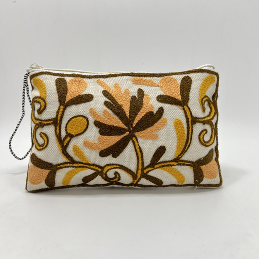 Kashmiri Hand Embroidered Zip Pouch White & Yellow-Brown